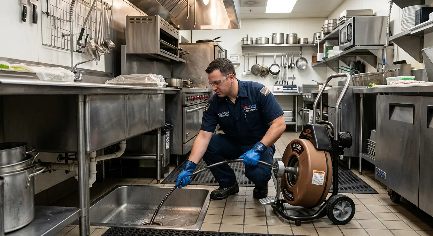Commercial drain cleaning service in a restaurant kitchen in Lancaster
