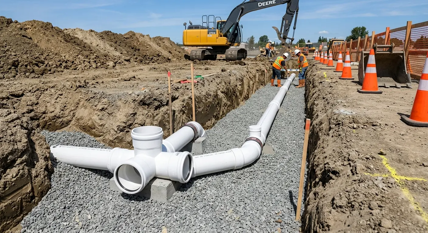 New PVC sewer pipe installation in open trench for Sewer Backup in Lancaster